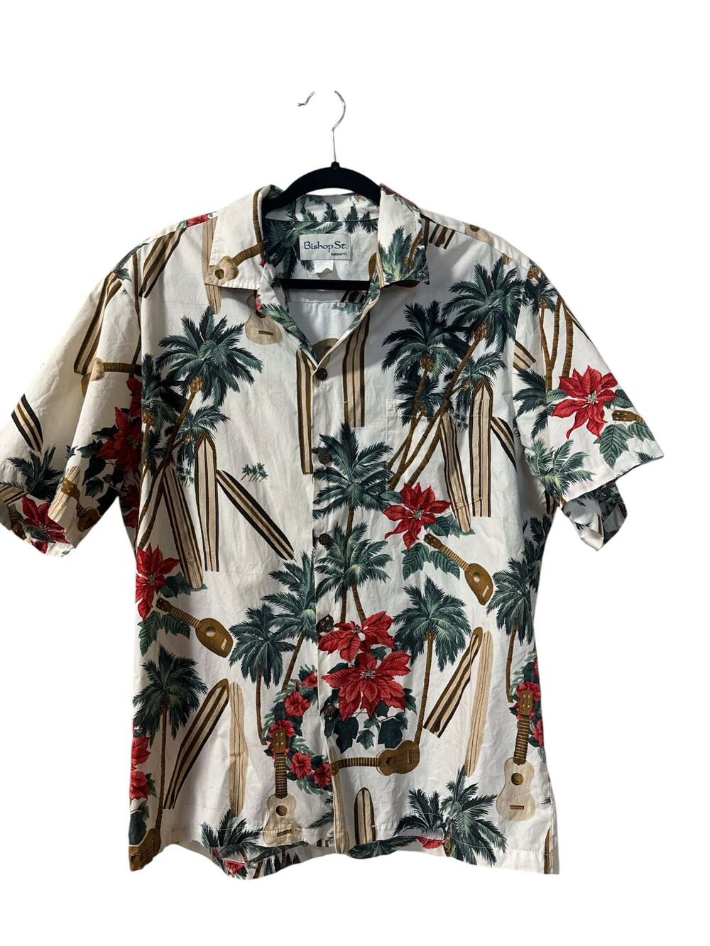 Bishop St. Apparel Men's XL Hawaiian Aloha Shirt Surfing Palm Ukulele Print